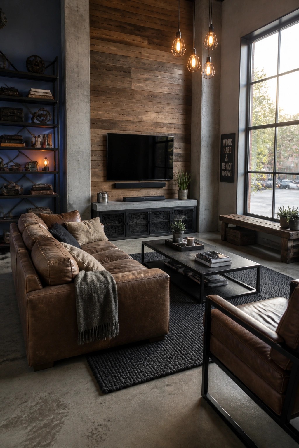 A living room featuring a large reclaimed wood accent wall with a mounted TV, brown leather sofa, concrete pillars, metal coffee table, and industrial pendant lights.