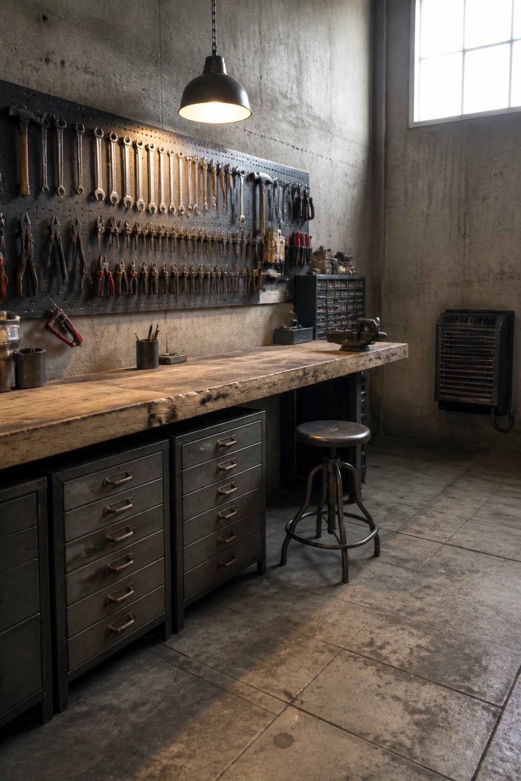 A workshop interior featuring a long reclaimed wood workbench with dark metal drawers, tools mounted on a metal wall panel above it, a metal stool nearby, and concrete walls and floor.