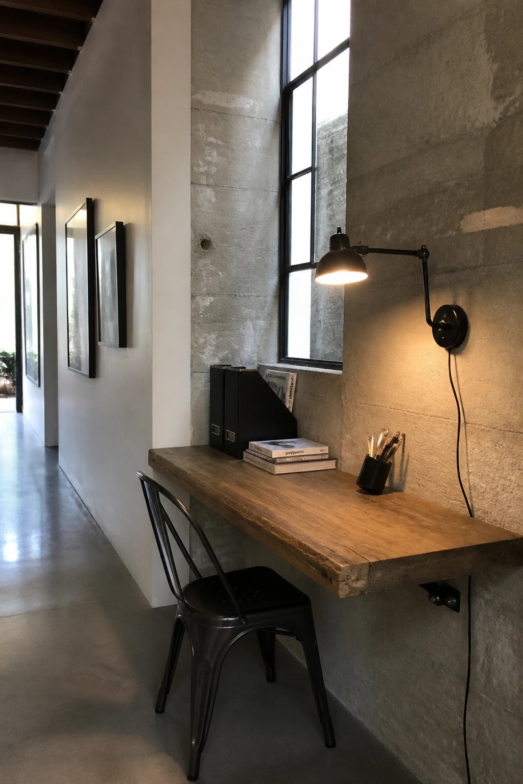 A reclaimed wood desk mounted on a concrete wall with a black metal chair underneath and a wall-mounted lamp above it.