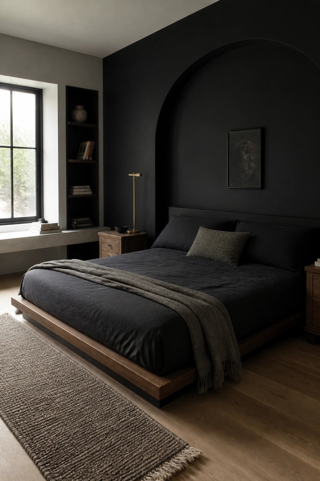 Dark minimalist bedroom with arched black wall, low wooden bed, and woven rug.