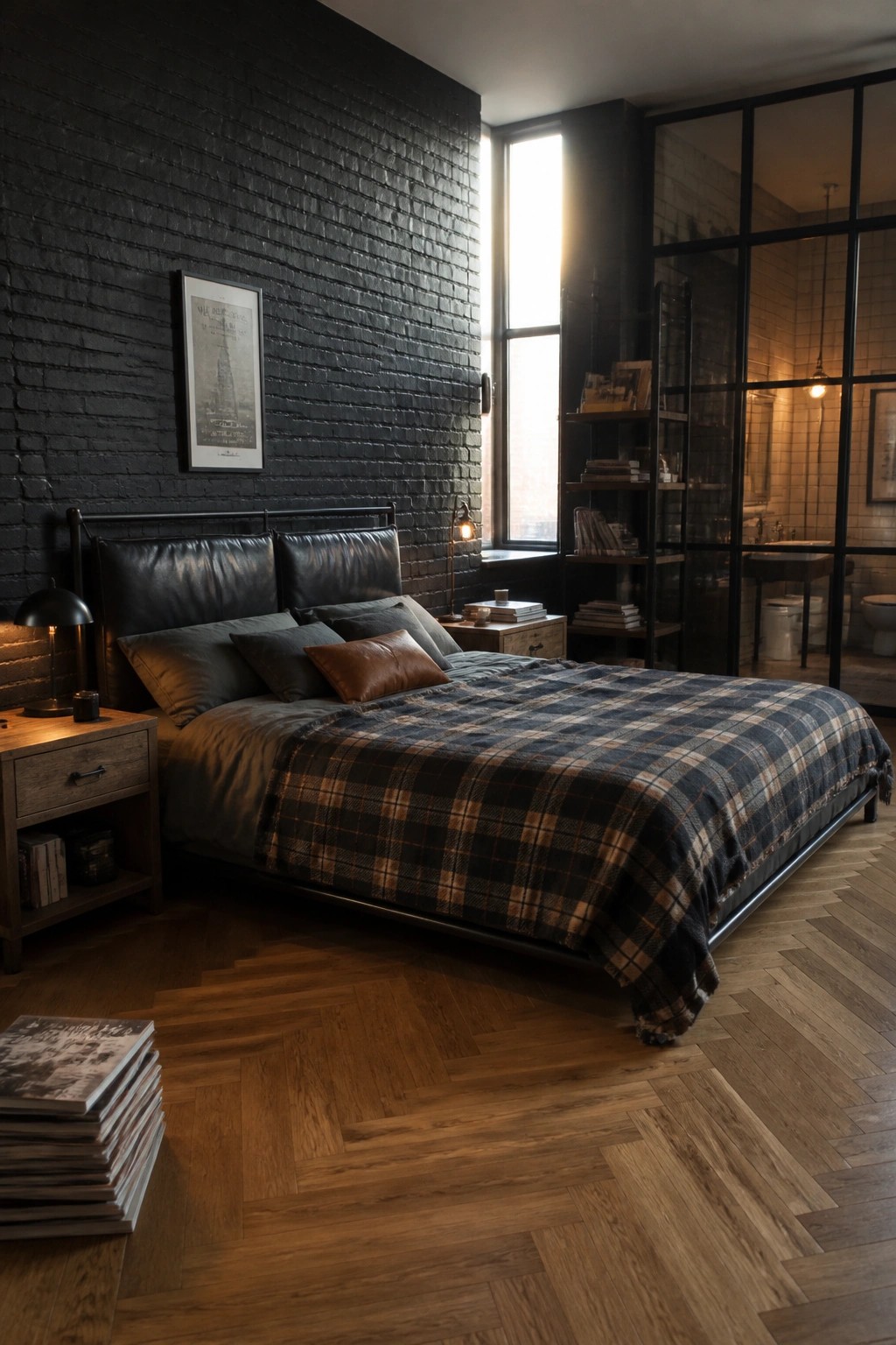 A bedroom with a black brick wall behind a bed that has a black leather headboard, dark plaid bedding, wooden nightstands, and a glass partition revealing a bathroom.