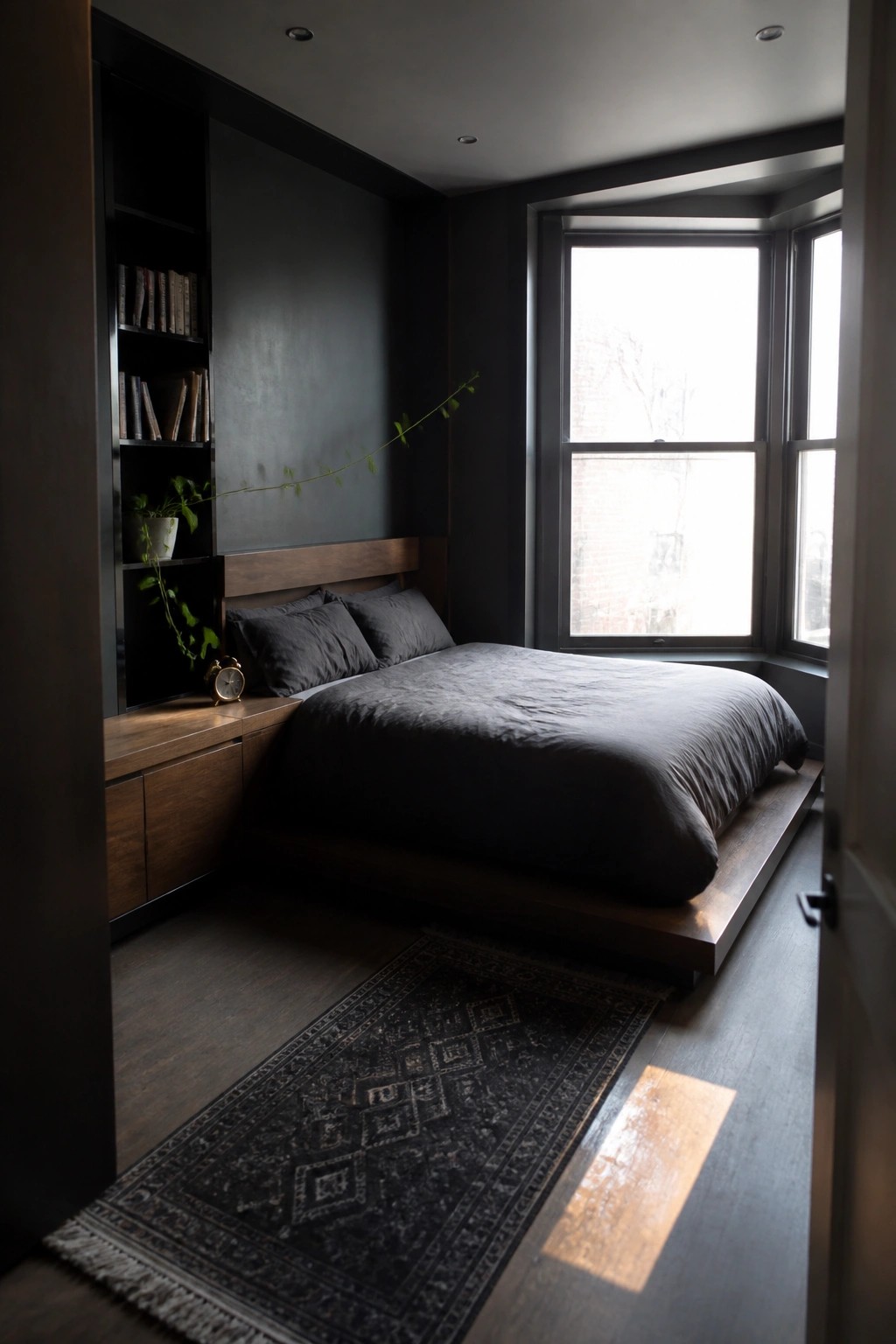 A dark masculine bedroom with a low platform bed, gray bedding, built-in wooden shelves and cabinets holding books and plants, and a large window on the right.