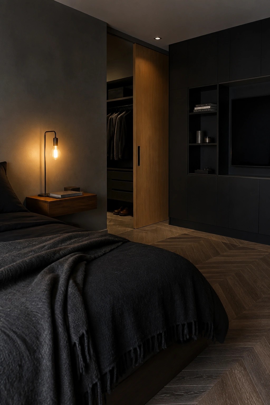 Dark bedroom with open wooden closet door revealing hanging clothes and drawers, dark built-in cabinetry on the right with television and shelves, and floating nightstand with lamp beside the bed.
