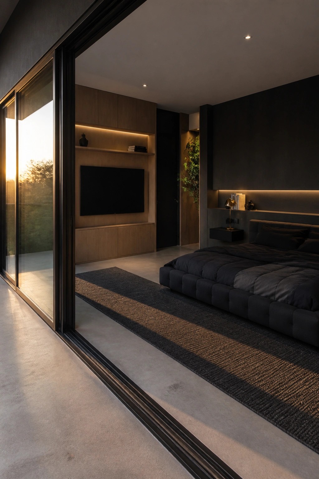 A modern dark bedroom featuring built-in wooden cabinetry with a television, open shelves, a large upholstered bed, and sliding glass doors to the outside.