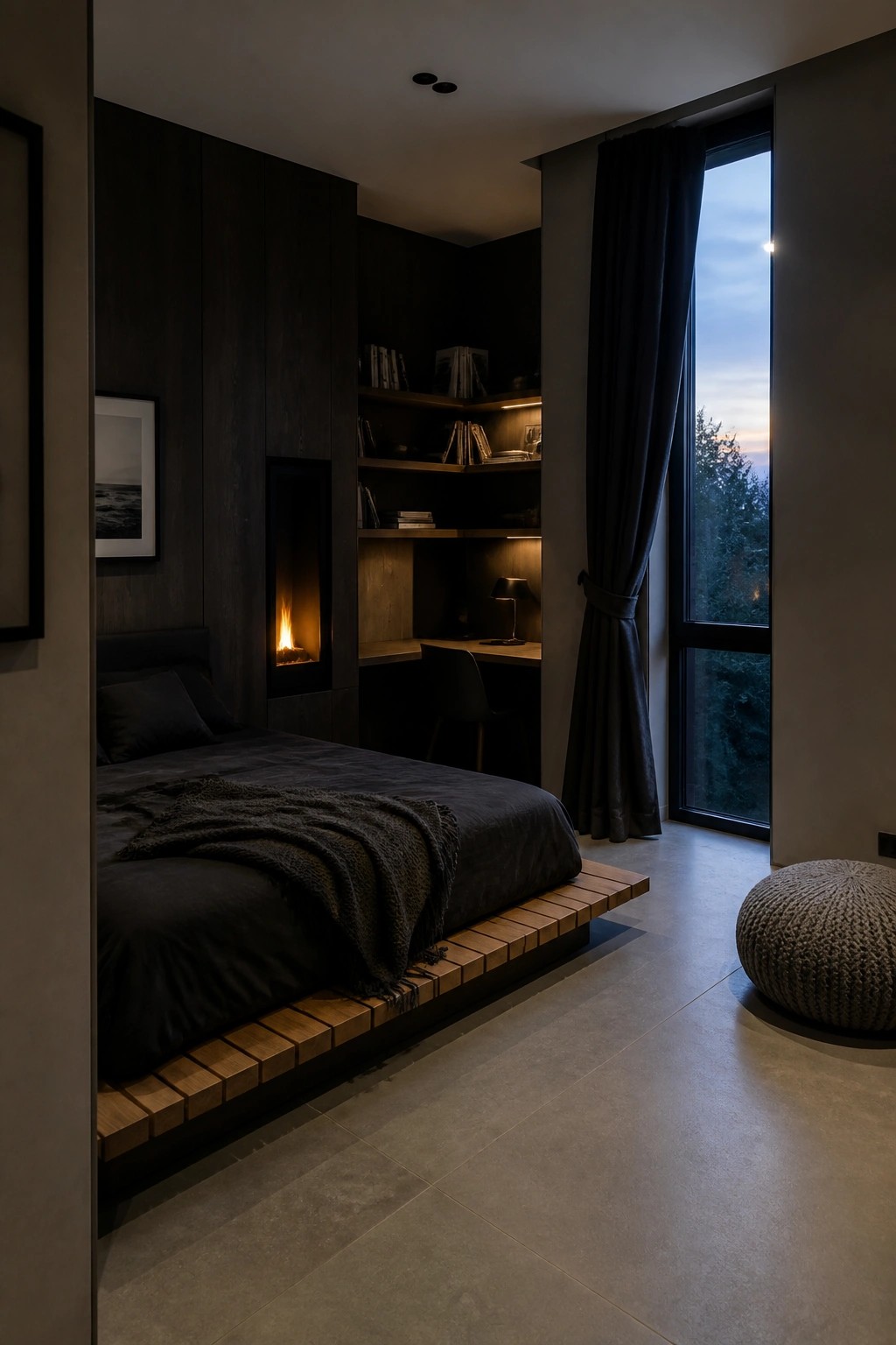 A modern dark bedroom with a low platform bed, built-in wood shelving and desk unit, a narrow fireplace, and a tall window with dark curtains.