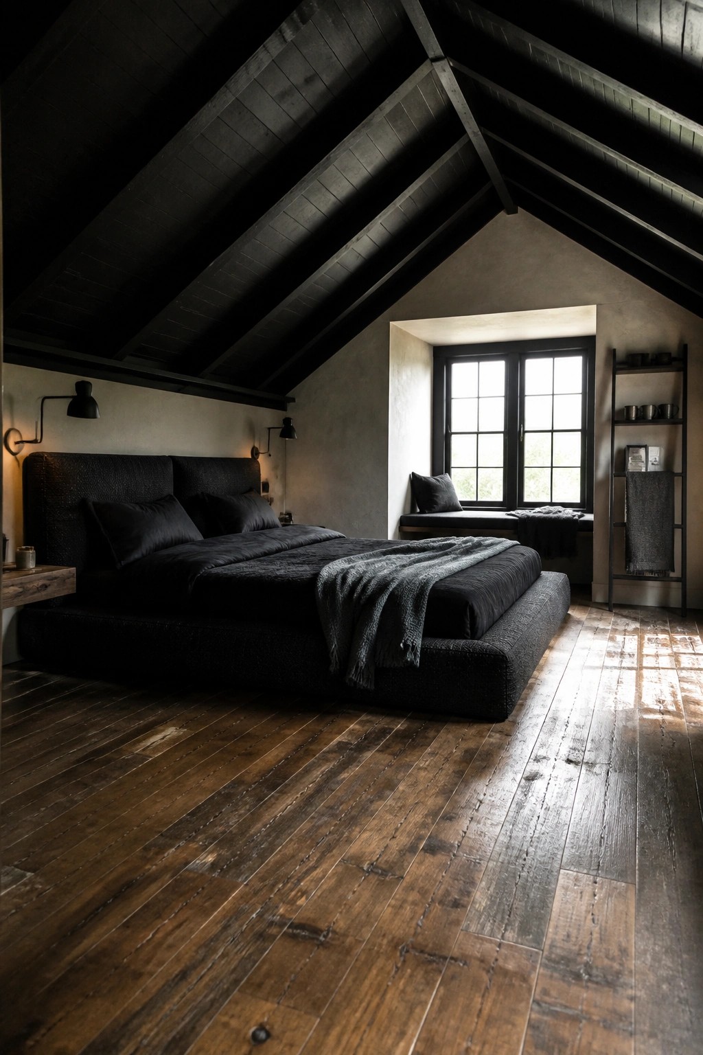 Dark attic bedroom with black bed, slanted ceiling, and sunlit wooden floors
