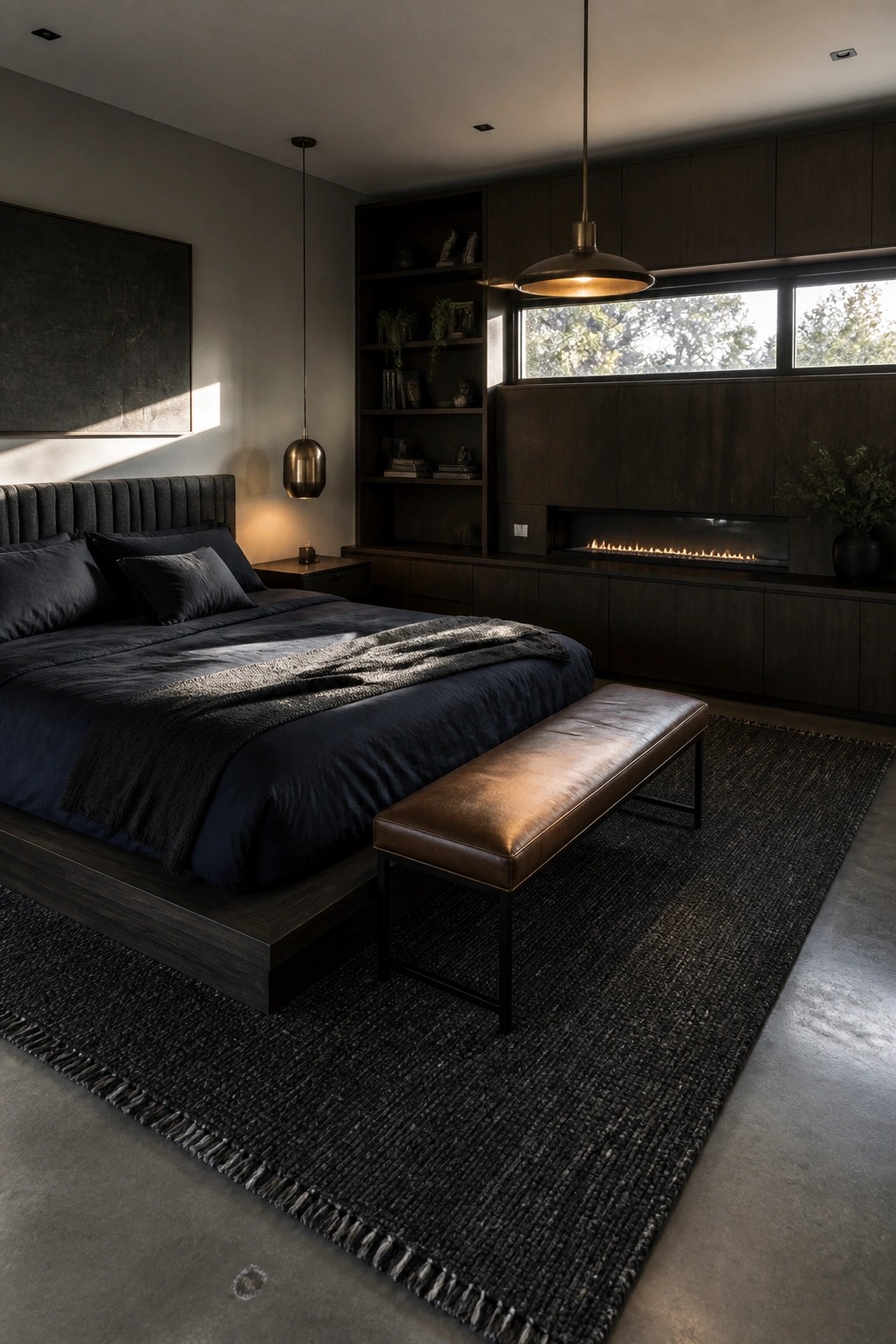 A modern bedroom featuring a dark platform bed, leather bench on a woven rug, and a wall of dark wood built-in cabinetry with open shelves and an integrated fireplace.