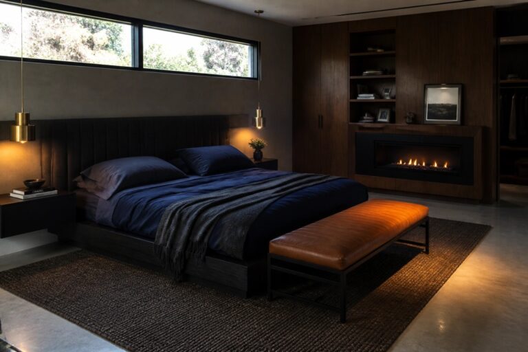 23 Modern Dark Masculine Bedrooms With Clean Architectural Lines A modern bedroom featuring a dark platform bed, leather bench on a woven rug, and a wall of dark wood built-in cabinetry with open shelves and an integrated fireplace.
