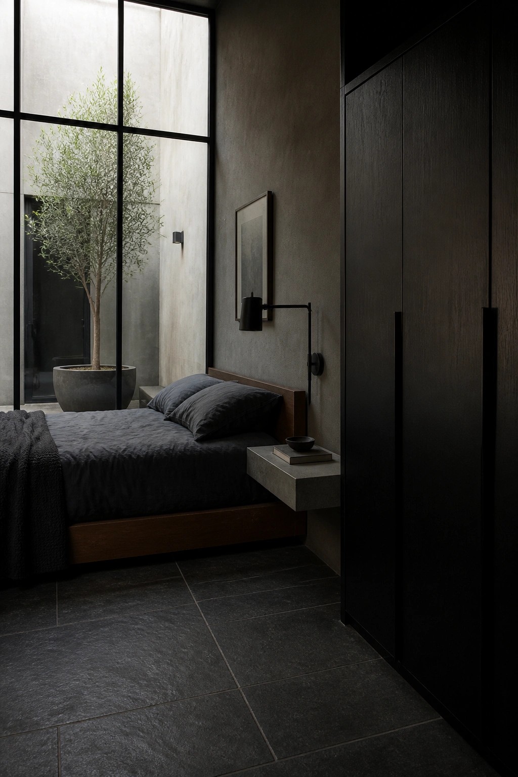 A modern bedroom featuring a dark wood bed with black bedding, a floating concrete nightstand, black wall sconces, and a large black-framed window.