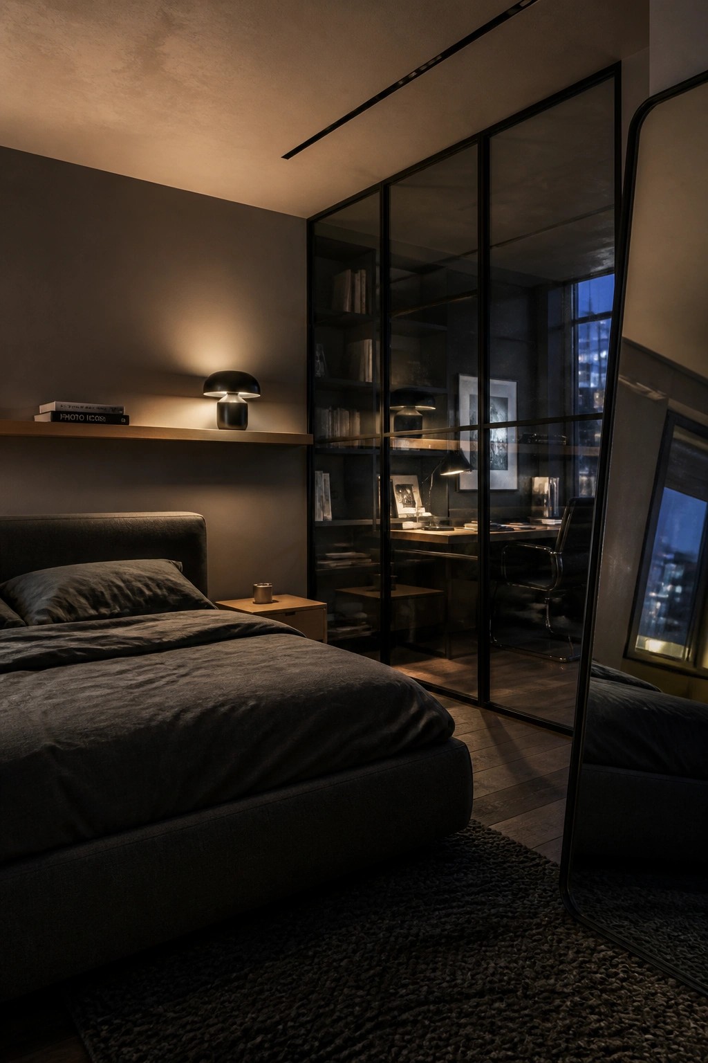A dimly lit bedroom with a large dark bed in the foreground and a glass-walled office area with a desk and chair visible behind it.
