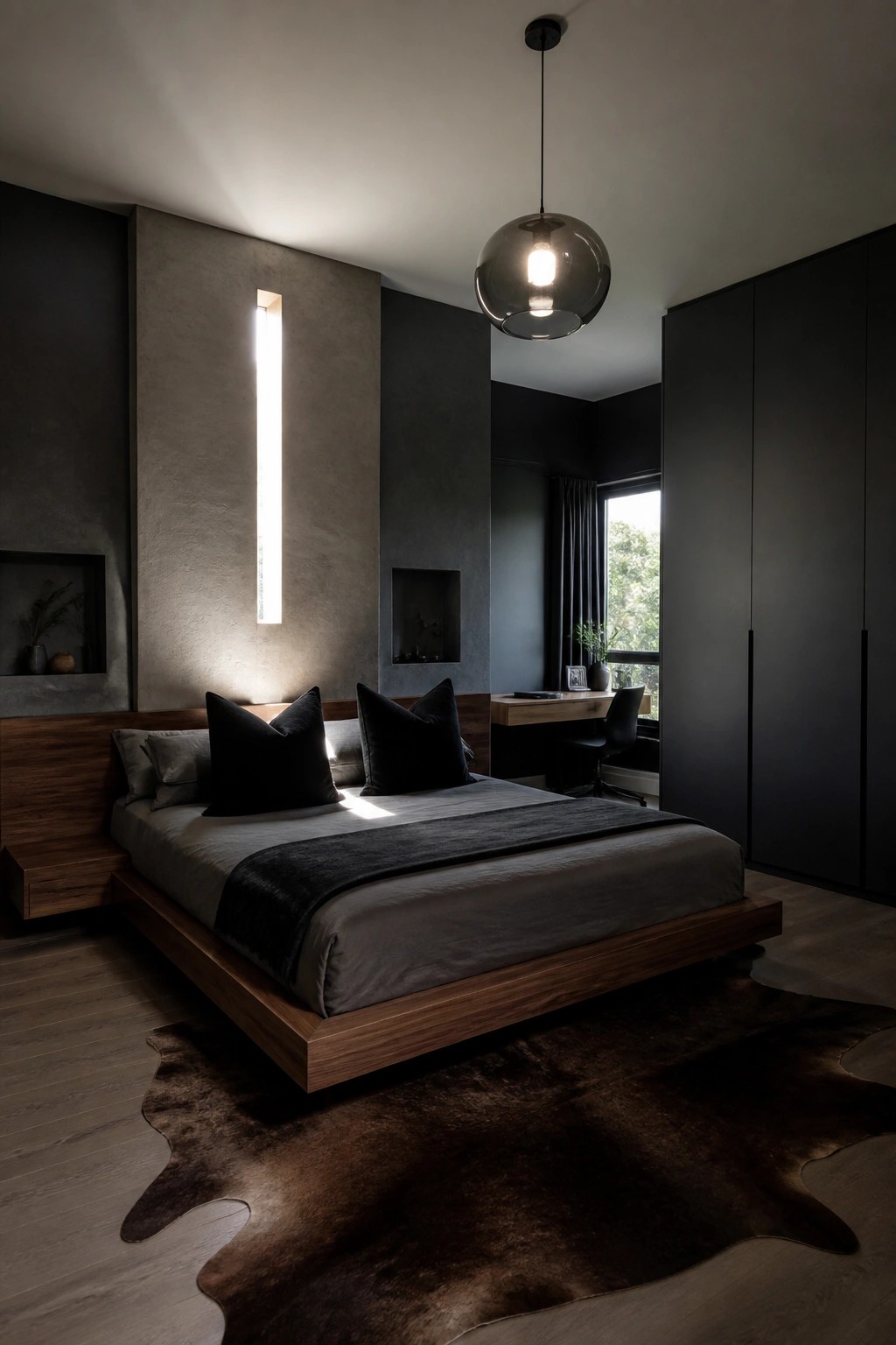 A modern dark bedroom with a low floating wooden platform bed, gray and black bedding, a large glass pendant light, and recessed wall lighting.