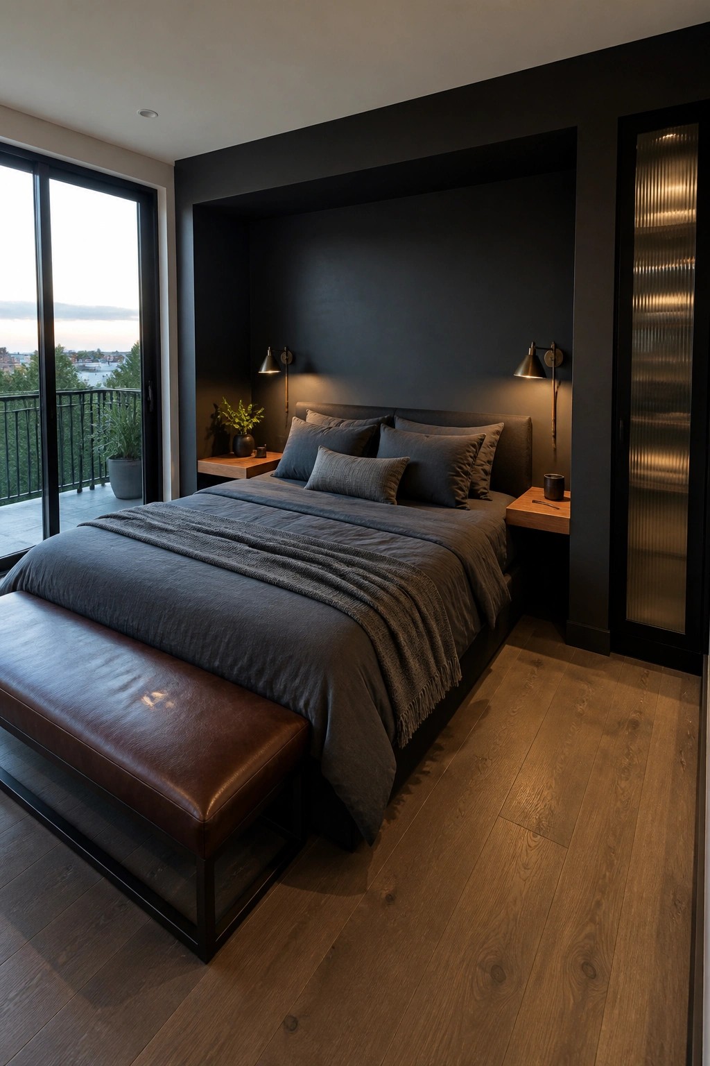 Modern dark bedroom with gray bed, brown leather bench, wall sconces and wood floors.