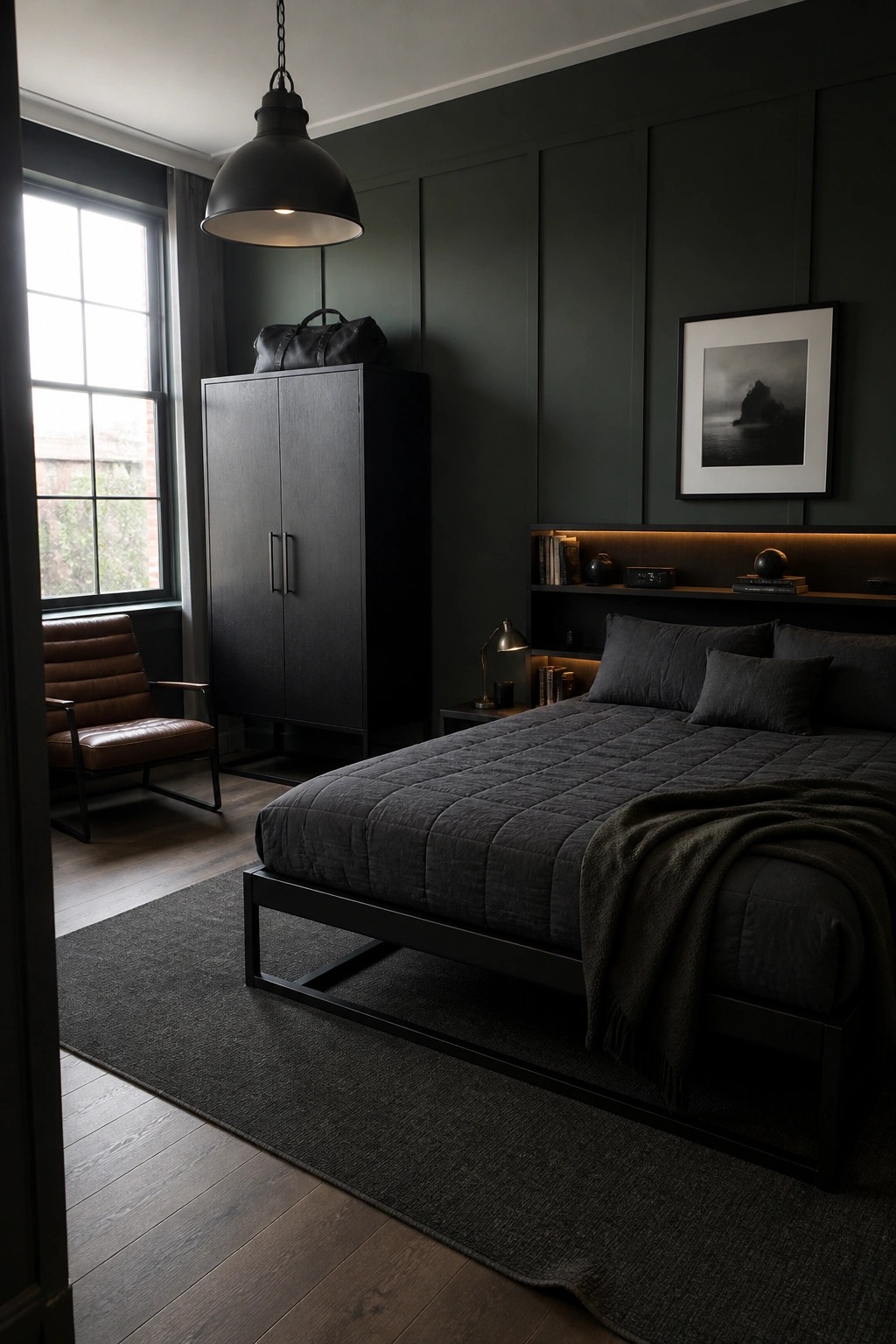 A dark bedroom with vertical green paneling on the walls, a black platform bed with gray bedding, and a built-in lit shelf above the headboard.