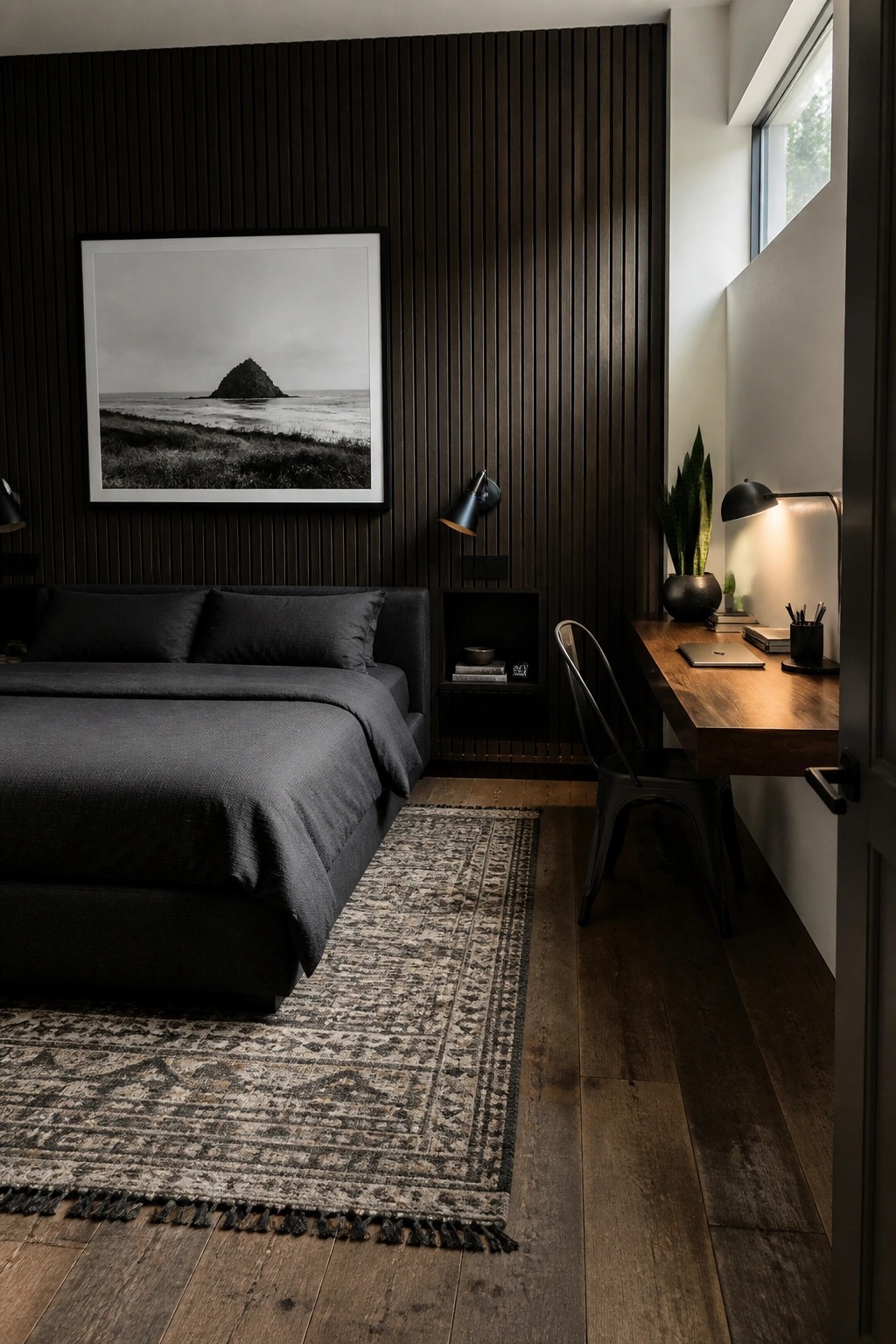 A dark bedroom featuring a bed with gray bedding against a wall of vertical dark wood slats, a large black and white landscape photo above the bed, and a wooden desk with a metal chair on the right.