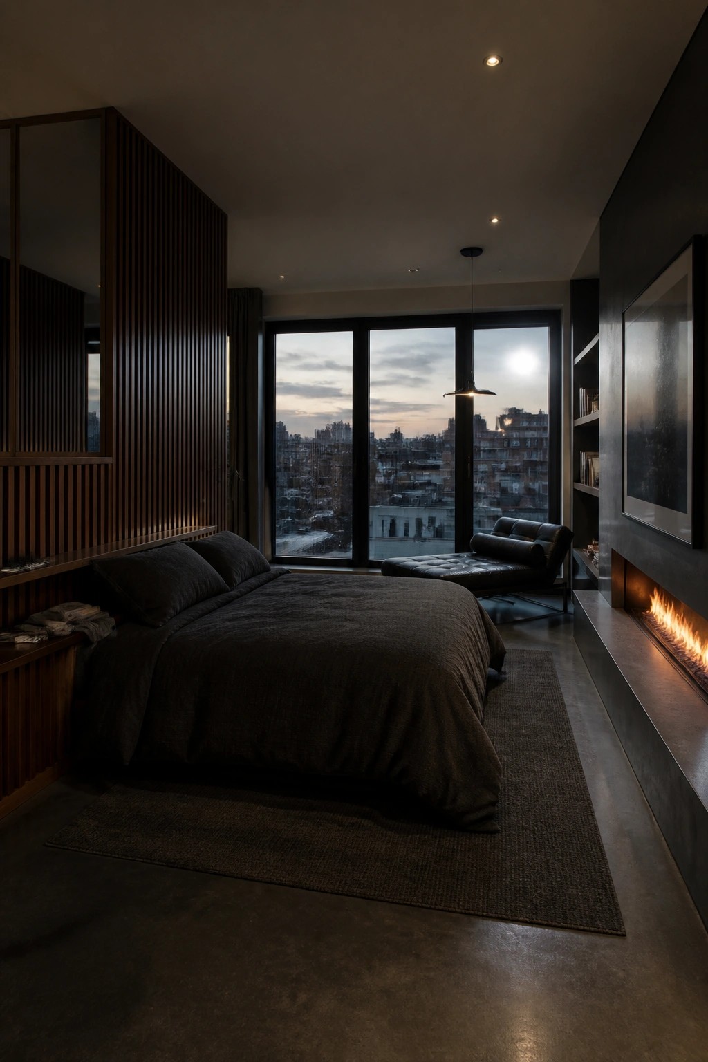 A dark masculine bedroom featuring a large bed with dark bedding, vertical wood slats on the wall behind it, floor-to-ceiling windows with a city view, and a linear fireplace along the right wall.