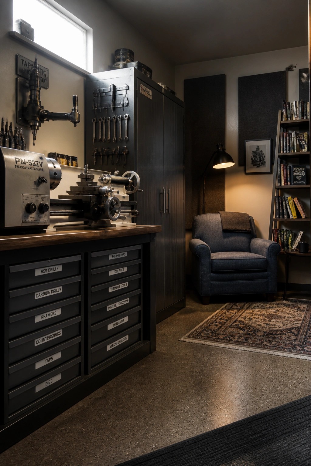 A workshop interior with a metal lathe on a cabinet of labeled tool drawers, a dark blue armchair with a floor lamp, a tall bookshelf, and a patterned rug on a concrete floor.