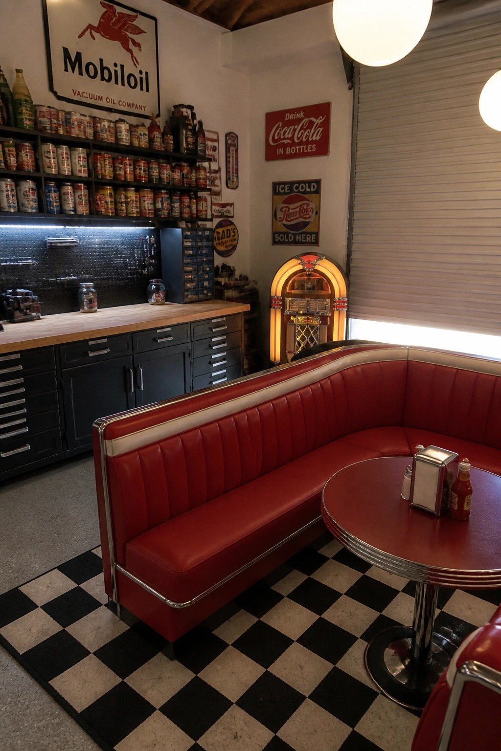 A red curved vinyl booth with chrome trim sits on a black and white checkered floor next to a round red table, with vintage signs and a jukebox in the background.