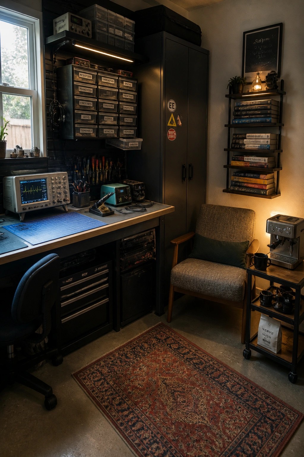 An indoor garage workspace showing a workbench with an oscilloscope and tool storage on the left side, a black cabinet, a lounge chair with a rug in front, and a coffee station with bookshelves on the right.