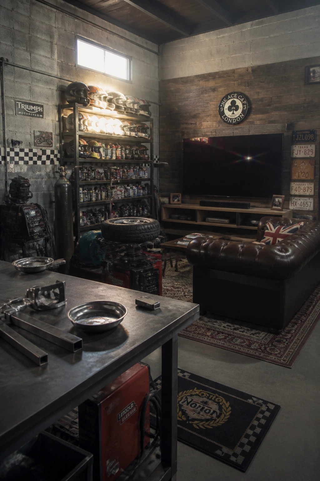 Industrial garage with leather sofa, helmet shelves, TV, tire, and workbench