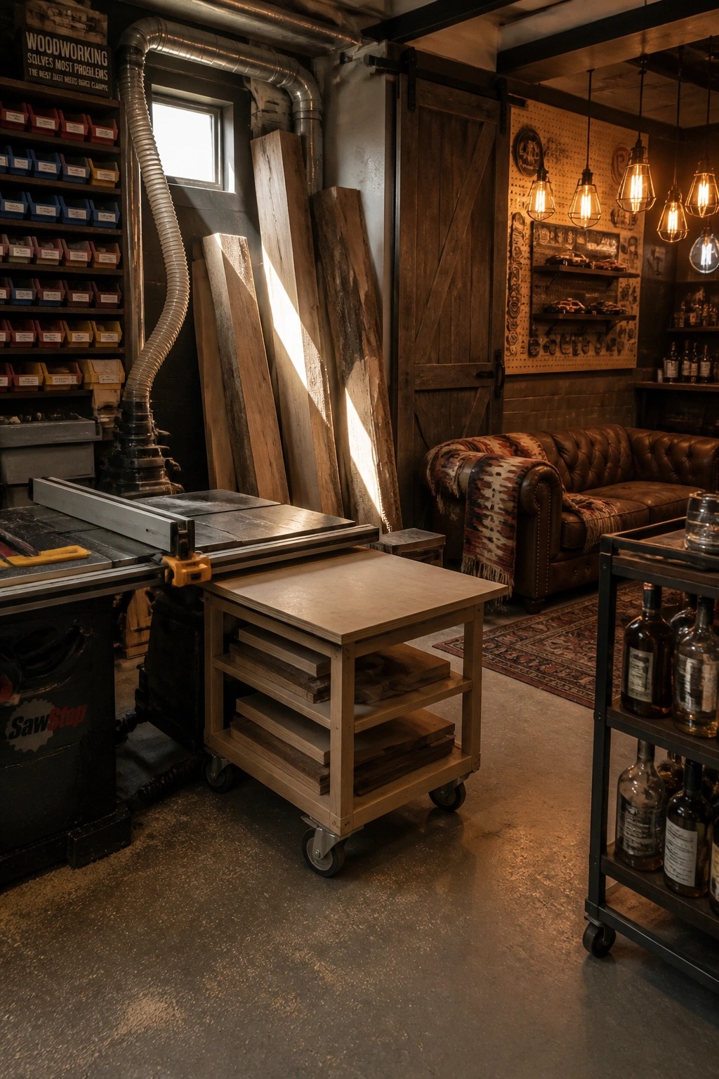 A garage interior showing a table saw and mobile wooden cart in the foreground with planks leaning on the wall, and a brown leather sofa with a rug in the background lounge area.