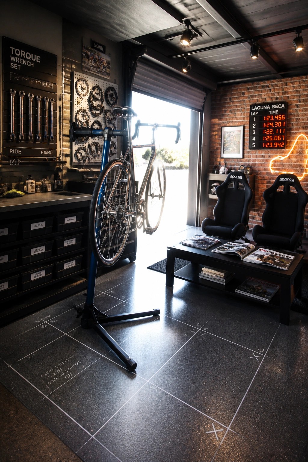 A garage interior showing a blue bicycle on a stand near a wall of tools and storage bins, with two black racing seats and a low table in front of a brick wall.
