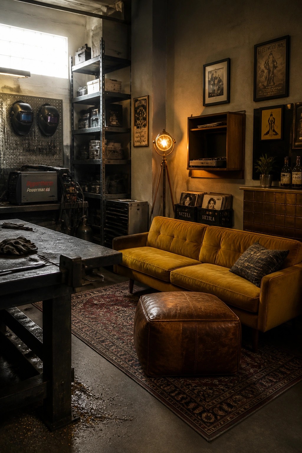 Mustard-yellow sofa and leather ottoman in industrial room with records and posters
