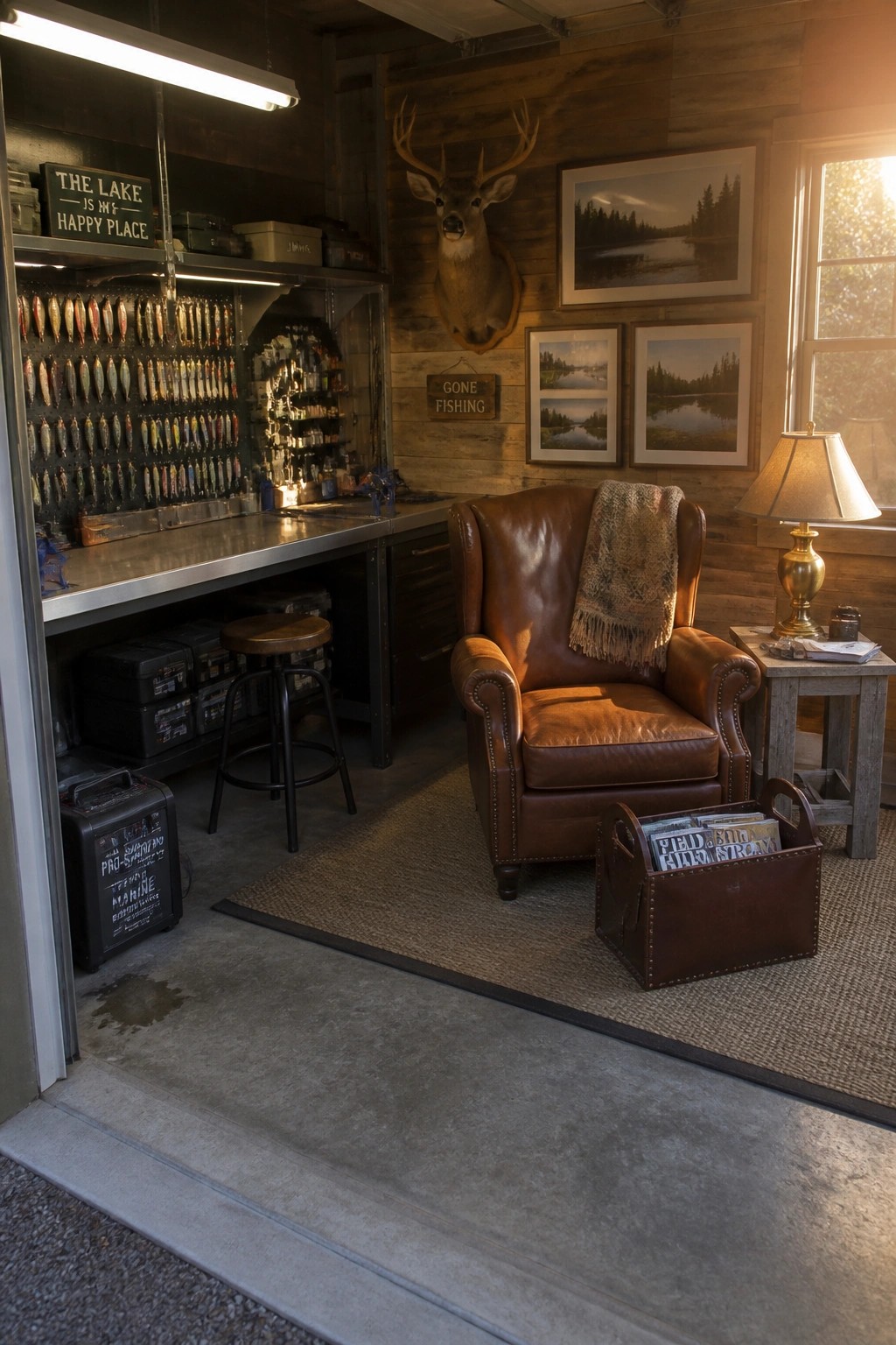 Rustic cabin with brown leather armchair, mounted deer head, and fishing lures display.