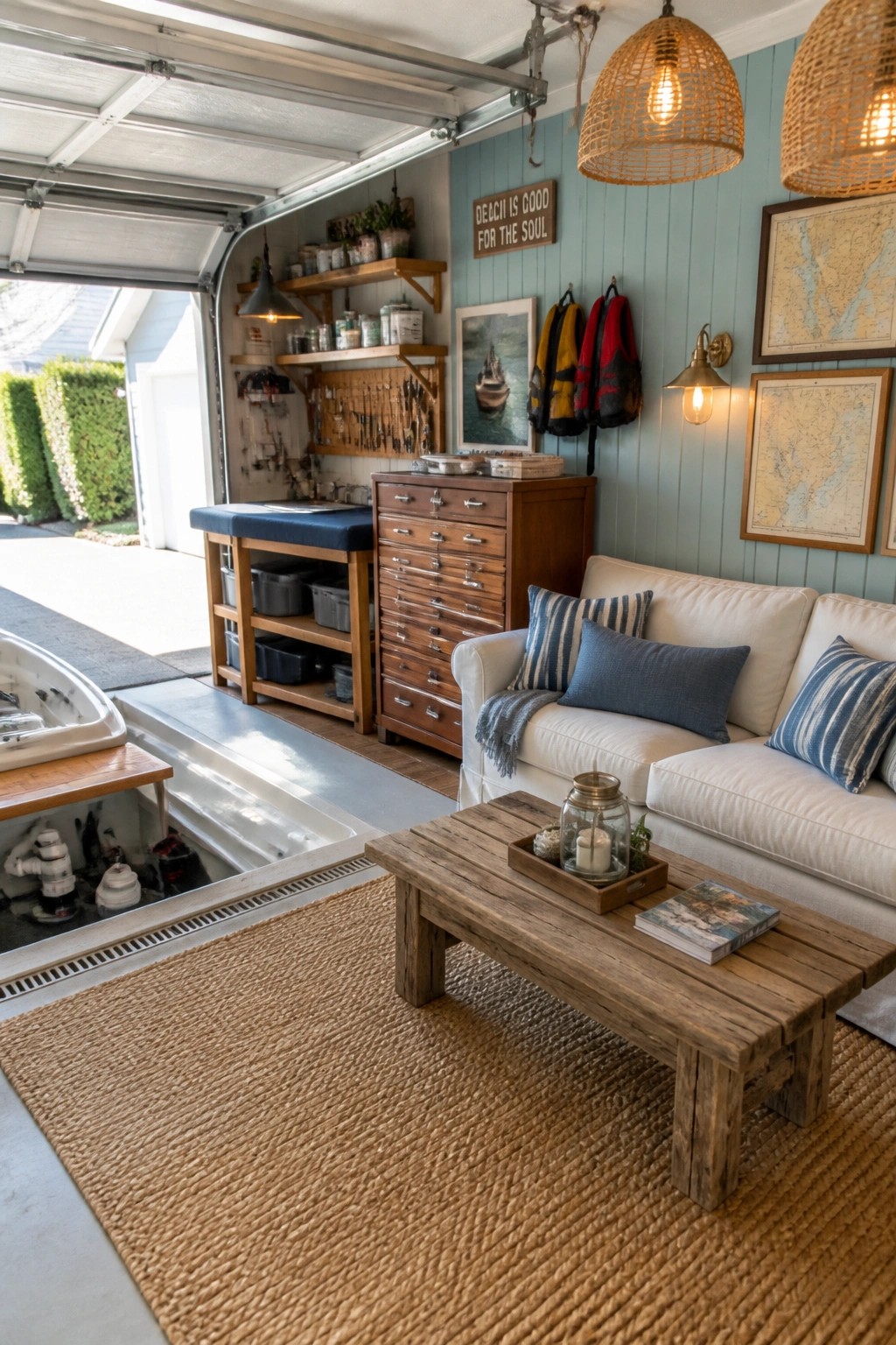 A garage interior showing a workshop area with a blue-topped workbench and tool wall on the left and a lounge area with a white sofa, wooden coffee table, and wall art on the right.