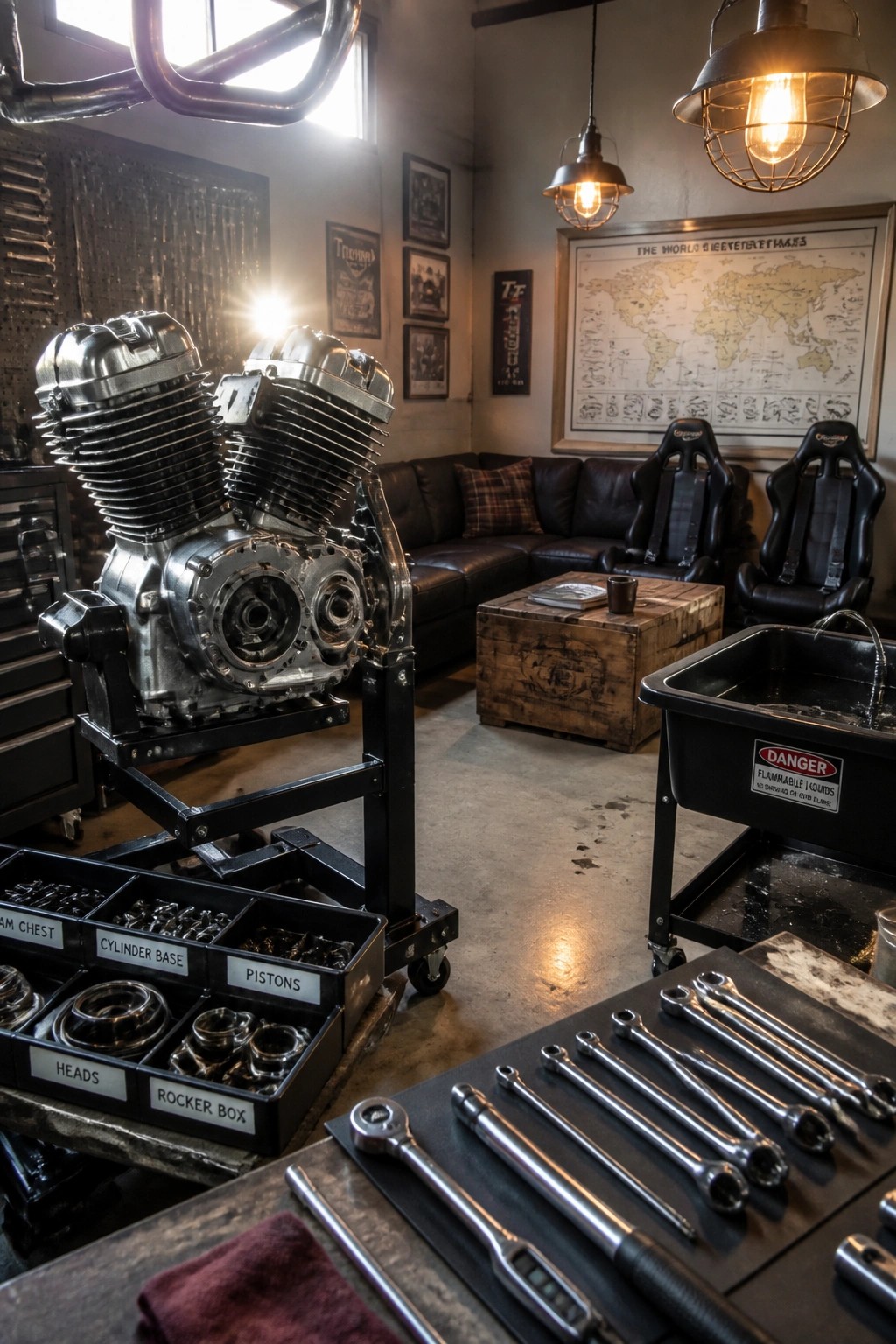 A garage interior showing a motorcycle engine on a stand with tool trays in the foreground and a lounge area with a leather sofa and two racing seats near a world map on the back wall.