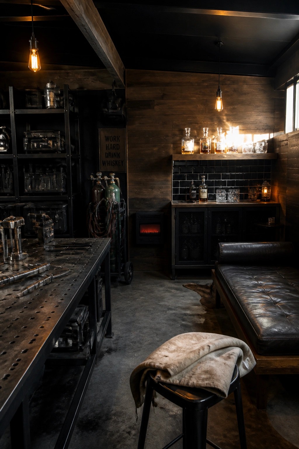 A dimly lit garage interior featuring a metal workbench with tools on the left and a black leather daybed with a bar area in the background.
