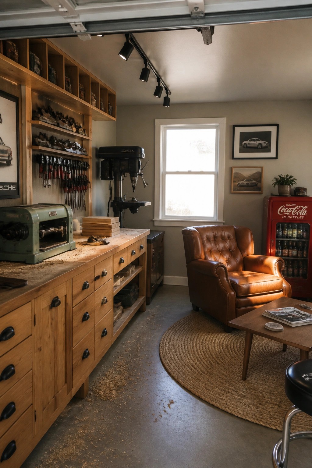 A garage interior with a long wooden workbench and power tools on the left side and a brown leather armchair with a round rug and coffee table on the right side.
