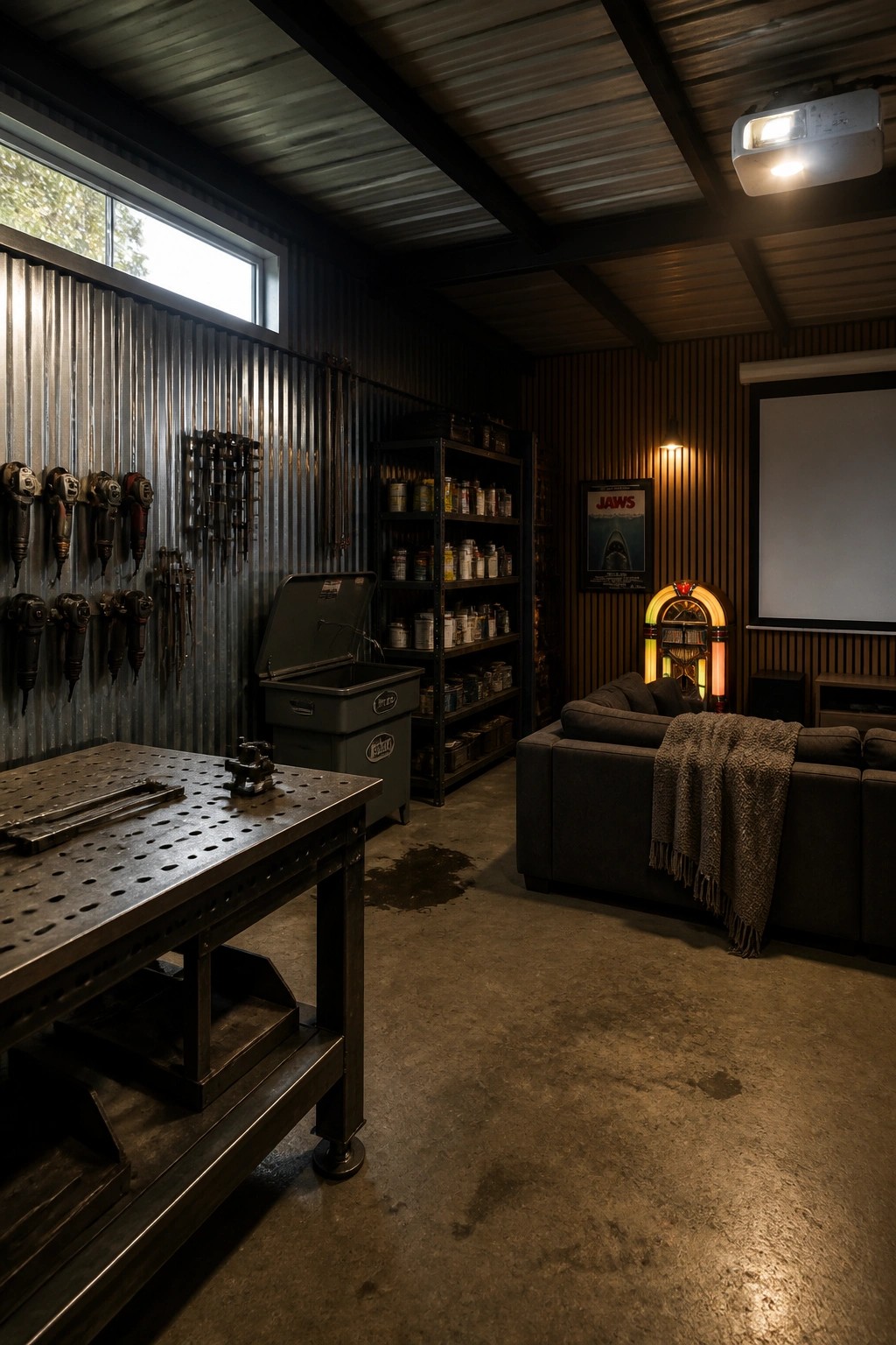 A garage interior showing a metal workbench with tools on the left wall and a sofa with jukebox and screen on the right side.