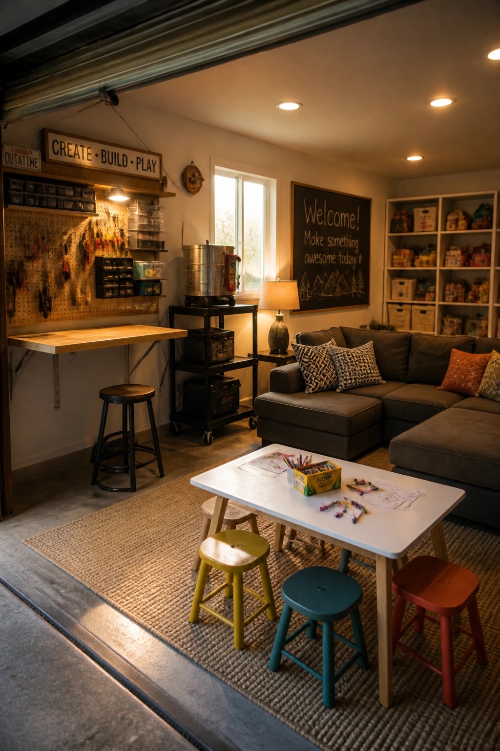 Kids' playroom with white table, colorful stools, gray sofa, chalkboard, and craft wall