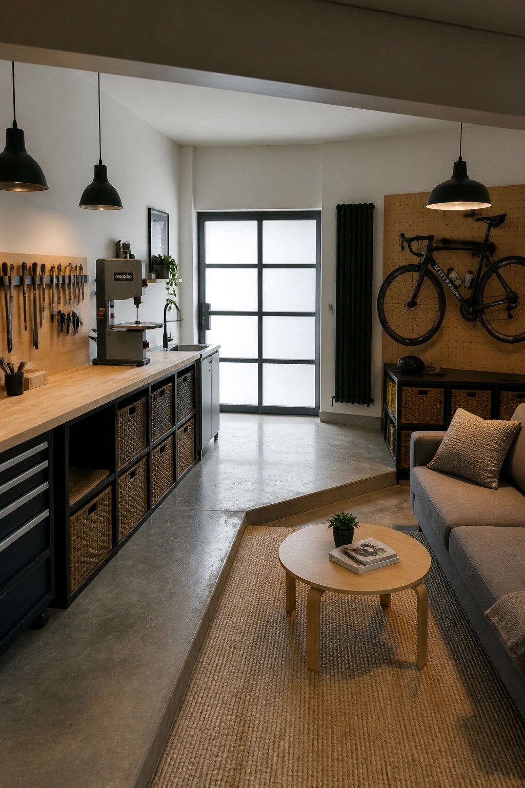 A garage interior showing a long wooden workbench with tools and storage baskets on the left side, a gray sofa with a round coffee table on a woven rug to the right, and a bicycle mounted on a pegboard wall in the background.