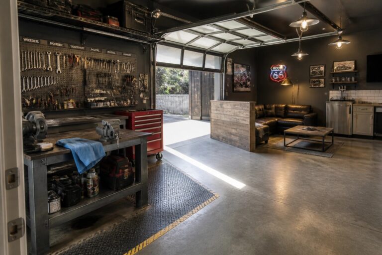 23 Smart Garage Man Cave Ideas Divided Into Workshop and Lounge Zones Organized garage workshop with pegboard tools, red toolbox, leather couch, and Route 66 neon sign.
