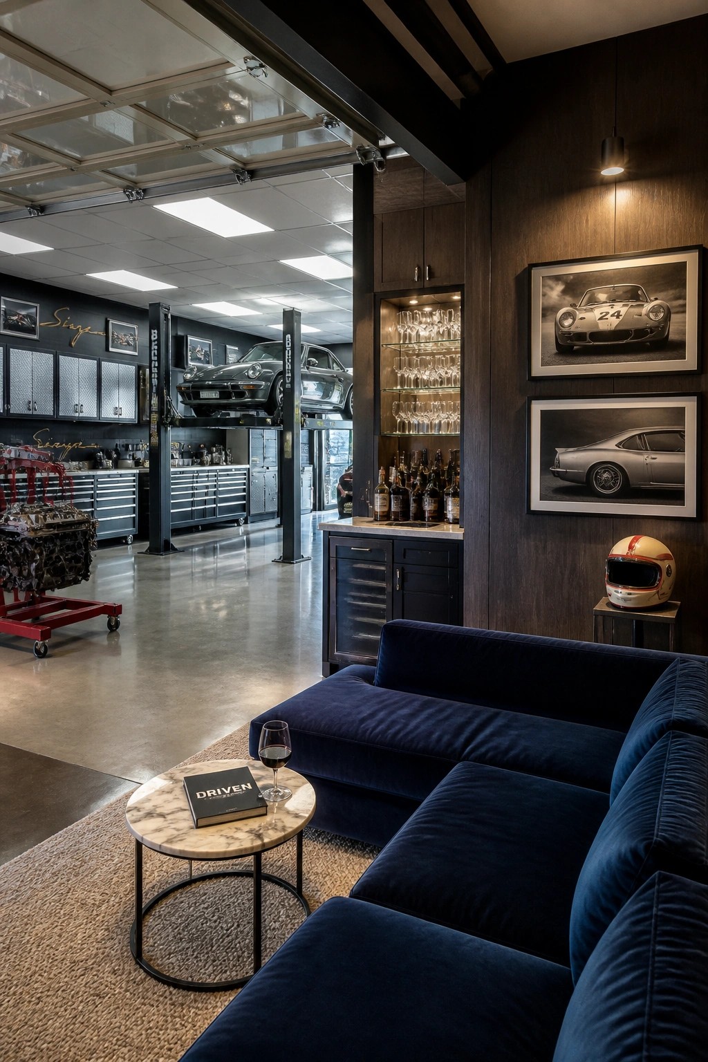 Luxury lounge with blue velvet sofa overlooking workshop with lifted Porsche and bar.