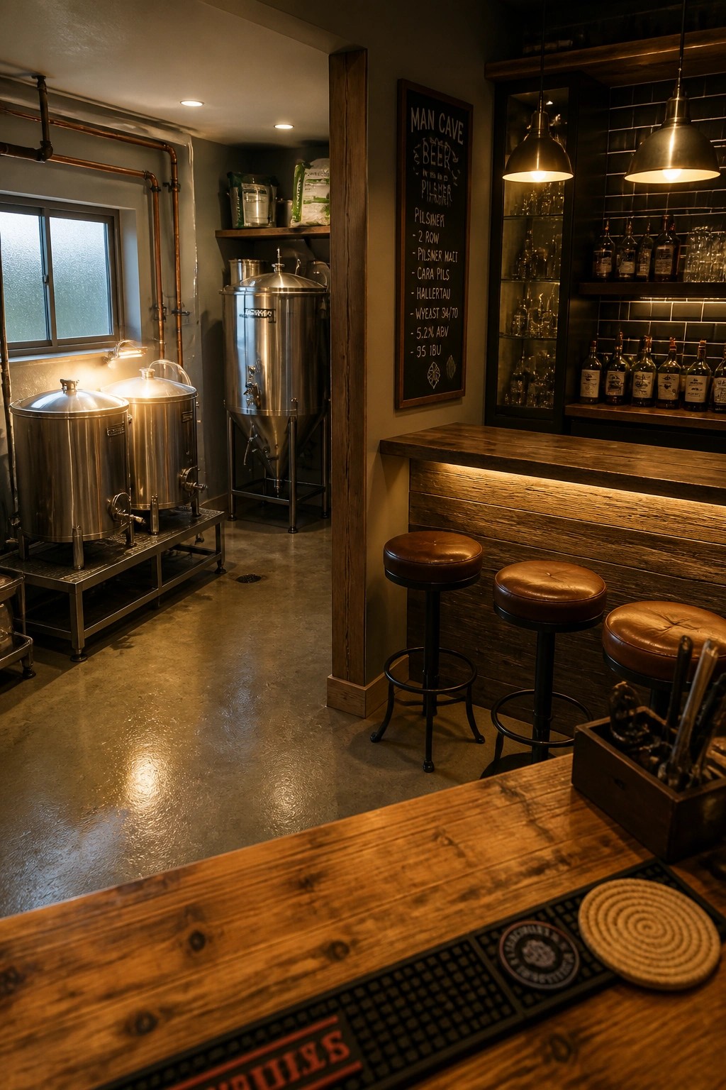 Rustic home bar with stainless steel brewing tanks, wooden stools, and chalkboard menu.