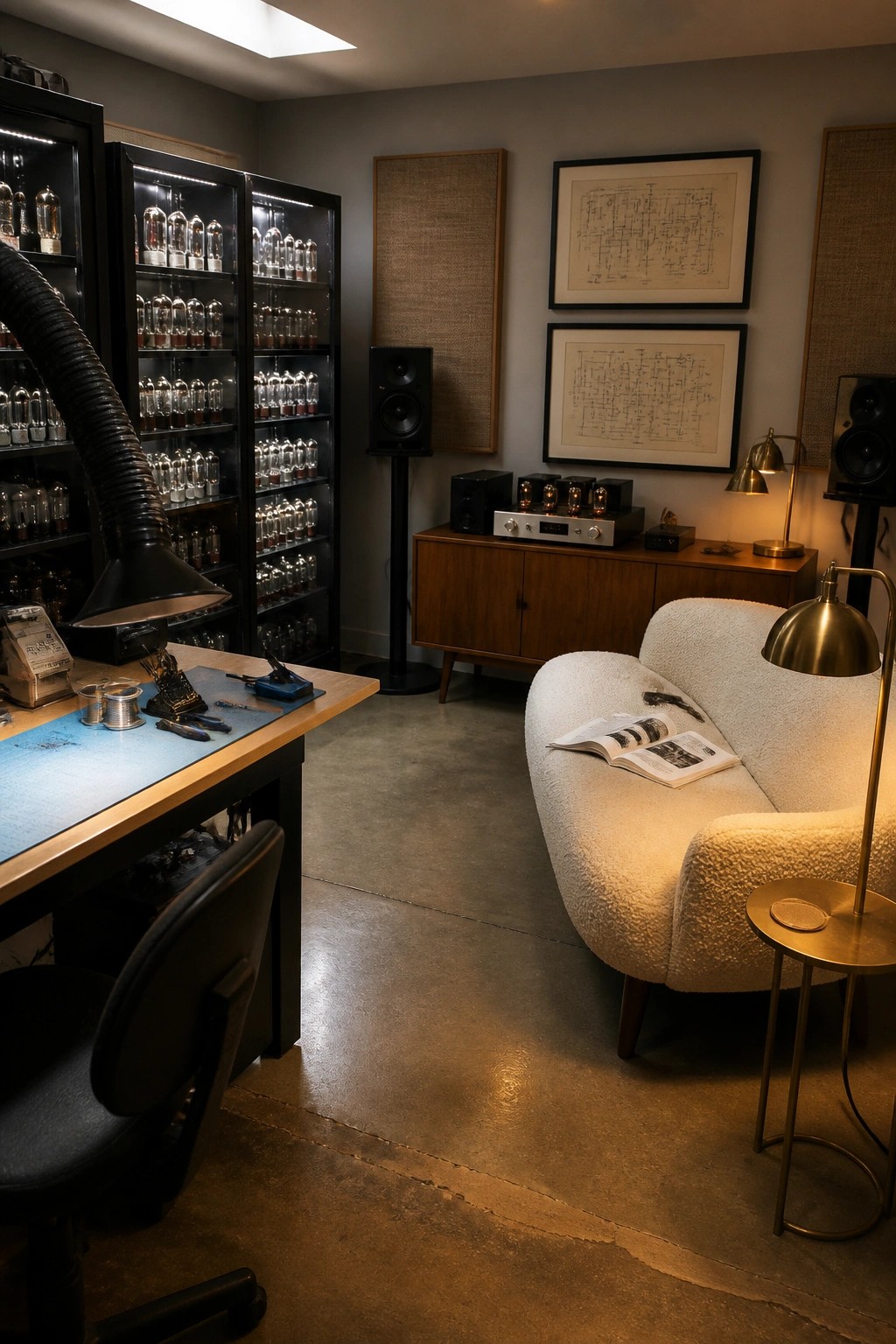 A garage interior divided into a workbench area with vacuum tube storage and tools on the left and a white bouclé sofa with framed diagrams on the right.