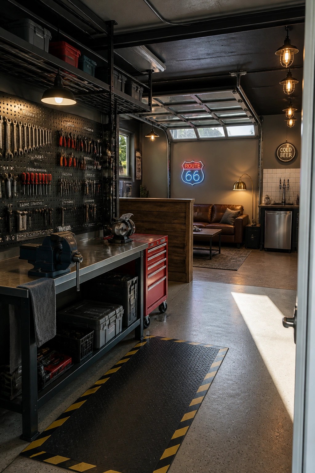 Organized garage workshop with pegboard tools, red toolbox, leather couch, and Route 66 neon sign.