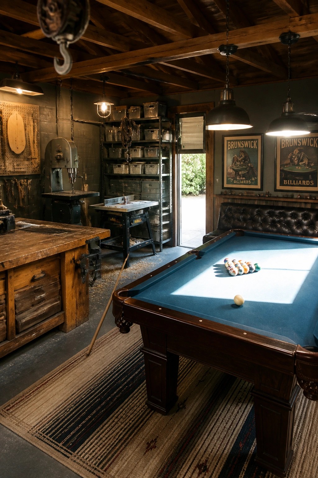 Interior of a garage man cave showing a pool table on the right and a workshop area with tools and shelving on the left.