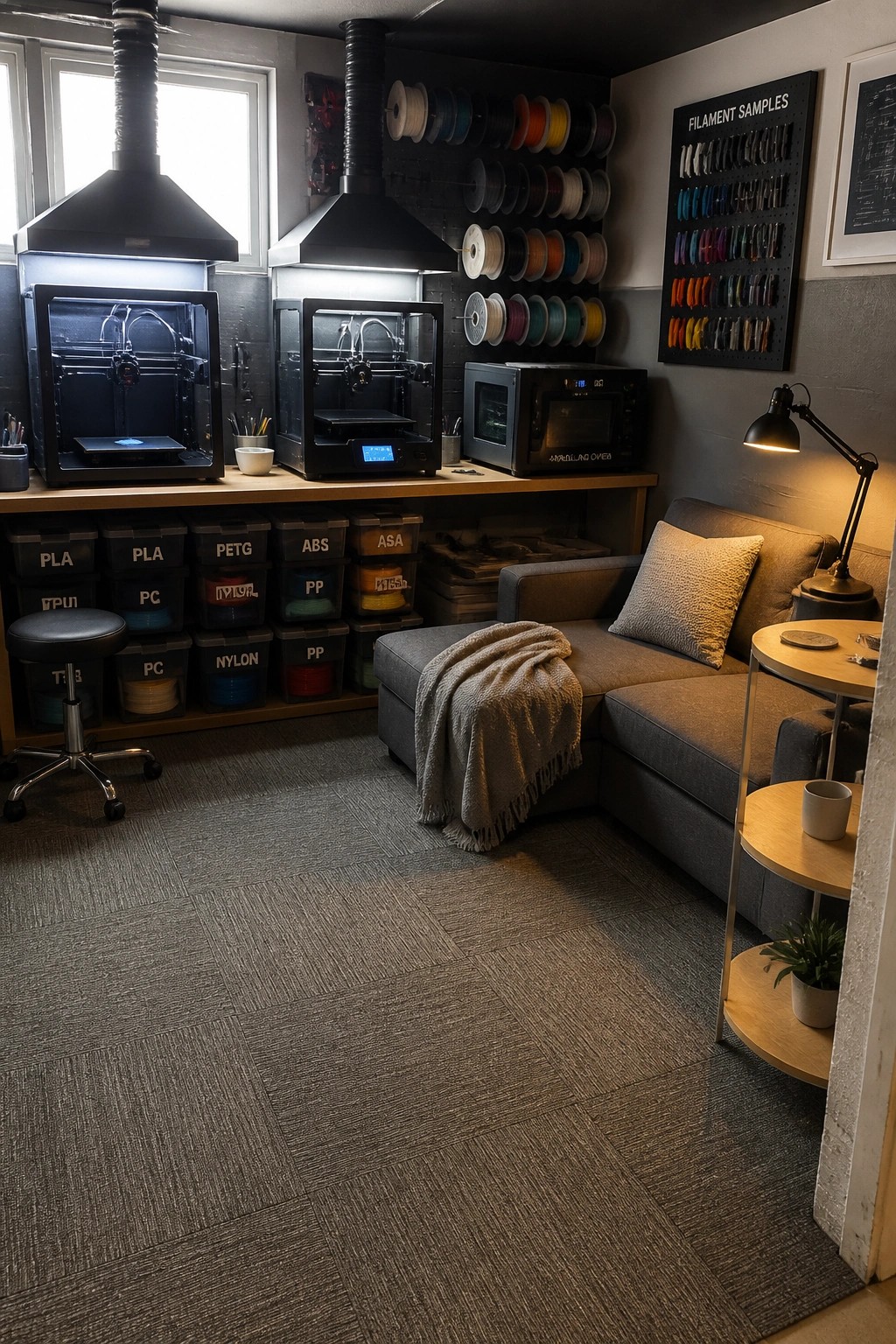 3D printing room with two printers, filament spools, labeled bins, and gray couch