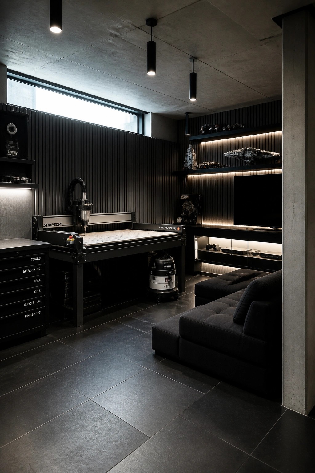 A modern dark garage interior showing a CNC machine and tool cabinets on the left side with a dark sectional sofa, television, and illuminated shelves on the right.
