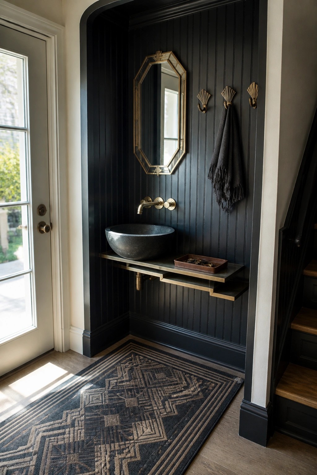 A compact interior nook with black vertical panel walls, a floating shelf vanity holding a dark stone vessel sink and brass faucet, an octagonal mirror above, and a geometric patterned rug on the floor.