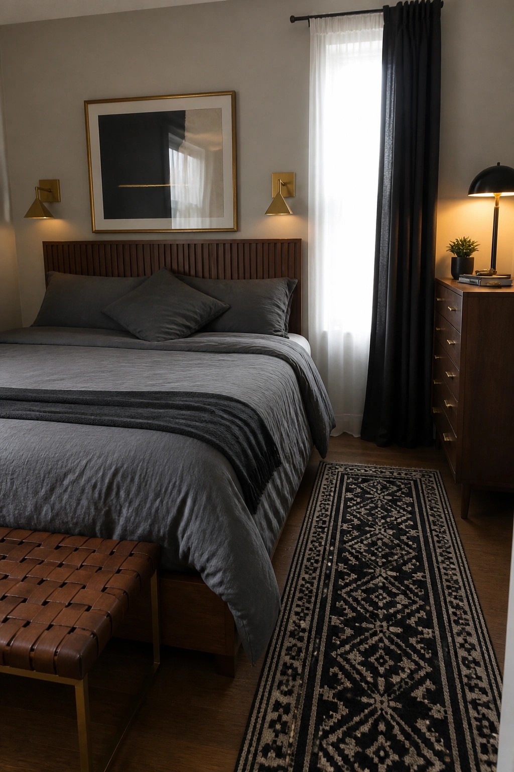 A bedroom featuring a large bed with gray linens against a wood headboard, brass wall sconces on either side, a long patterned runner rug, and a wooden dresser with a lit lamp.