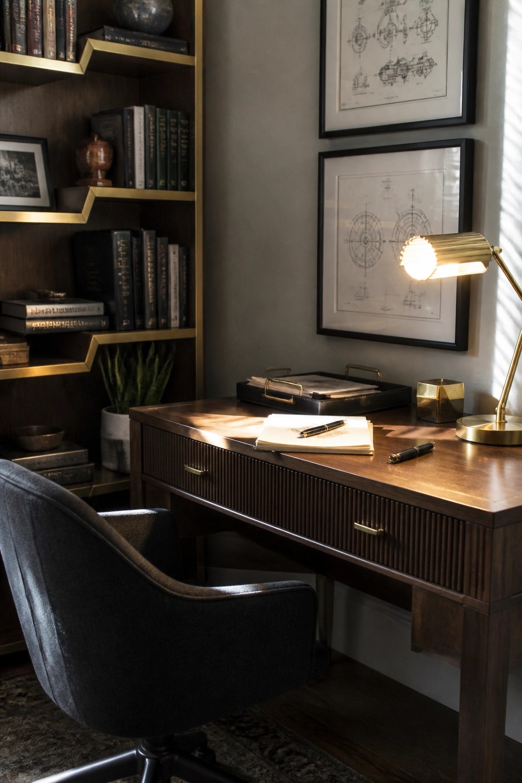 A wooden desk with a lit brass lamp, open notebook, and two framed geometric prints on the wall above it, next to built-in bookshelves.