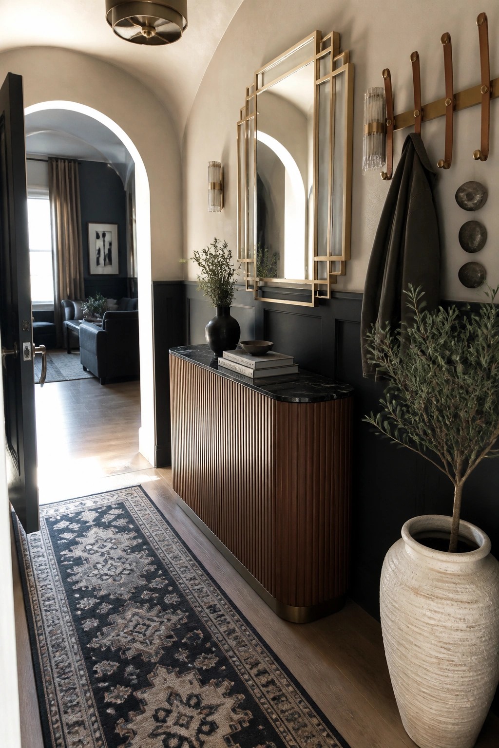 A hallway interior showing a fluted wood console with black marble top beneath a geometric brass-framed mirror, dark wainscoting, and a tall ceramic vase with greenery to the right.