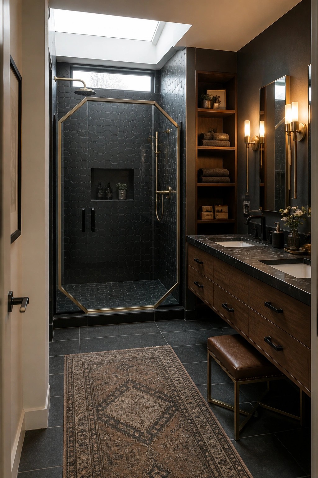 A bathroom with a black hexagonal tiled shower enclosed by a brass geometric frame, a dark wooden vanity with sinks, and a patterned rug on the floor.