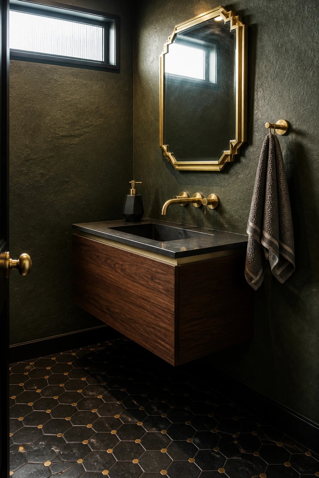 A bathroom with dark textured walls features a floating wood vanity topped with a dark stone sink, brass faucet and fixtures, an ornate brass-framed mirror, and black hexagonal floor tiles with gold dots.