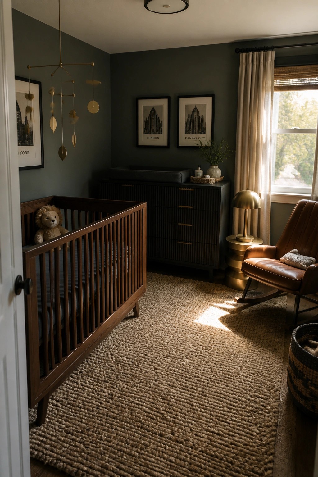 A nursery room with dark green walls shows a wooden crib, hanging brass mobile, black dresser with framed city prints, and brown leather rocking chair near a window.
