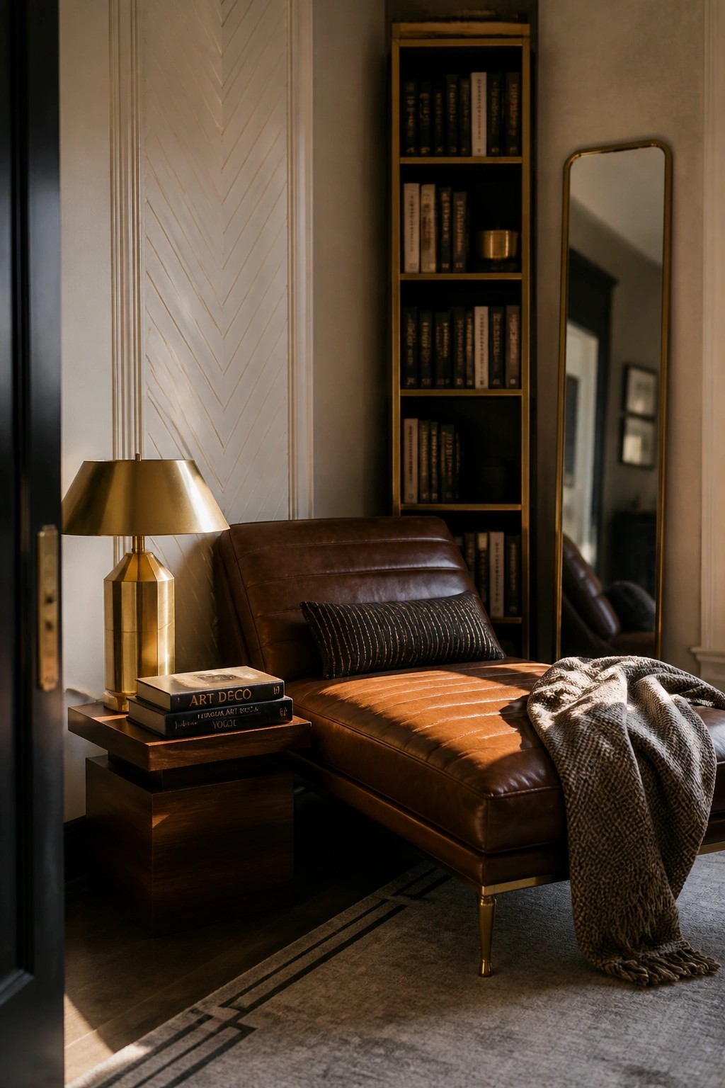 A brown leather chaise lounge with a brass table lamp and stacked books on a wooden side table, positioned in front of a wall with geometric paneling and next to a tall brass-framed bookshelf.